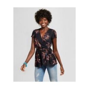 Black and pink floral short sleeve blouse